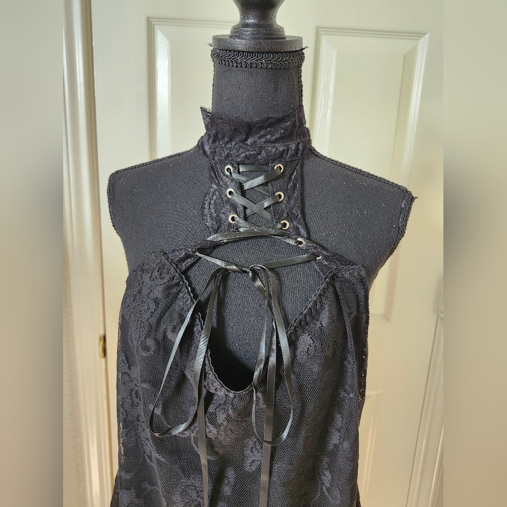 Widow Black Lace Up Choker Floral Lace Slip Mini Dress Open Back - Goth XXL - Picture 2 of 12